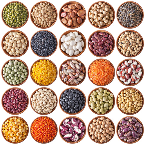 collection of wooden bowls with legumes isolated on white background