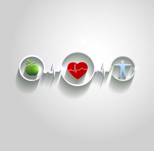 Cardiovascular disease treatment concept.  Healthy food and fitness leads to healthy heart and life. Symbols connected with heart rate monitoring line. Beautiful bright design.