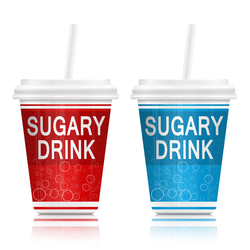 Illustration  depicting two fast food drink containers with a sugar concept. Arranged over white.